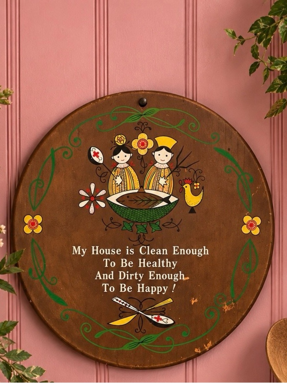 Vintage-Style Brown Decorative Wall Plaque with Yellow & Green Accents 9”